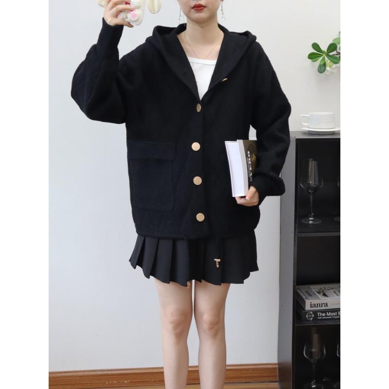 

Осень и зима новый дизайн с капюшоном вязаный двусторонний кардиган свободный повседневный универсальный свитер куртка женская one size fits all чёрный