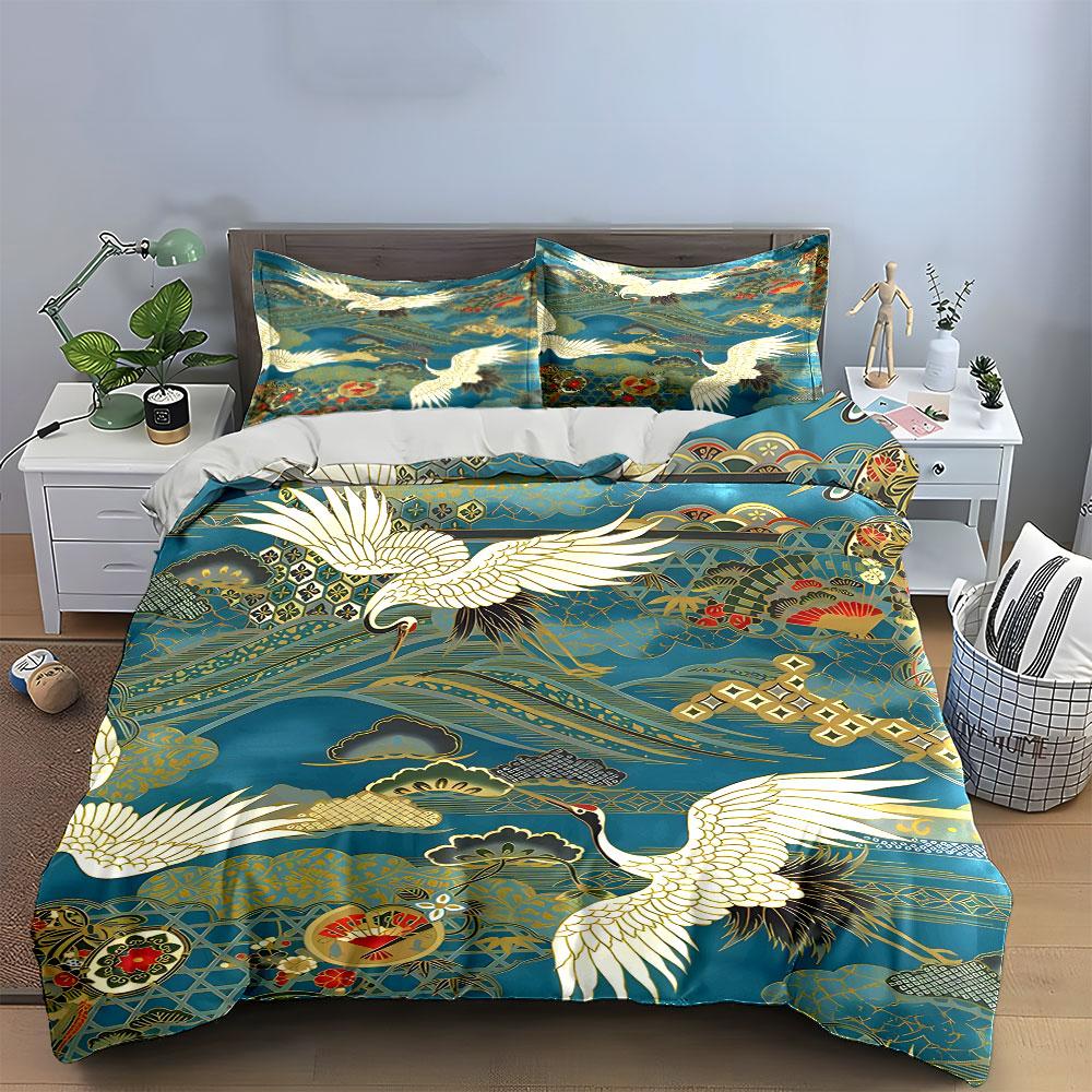 Japanese Crane Pattern Decor Set Bedding Set with 1 Duvet Cover 2 Pillowcases Single Double King Queen, Gift