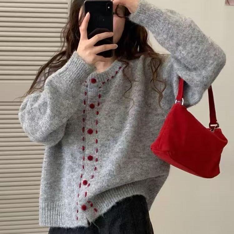 

Women s Gray Wool Knit Cardigan – Warm, Round Neck, Loose-Fit, Versatile Autumn/Winter Sweater. One Size серый