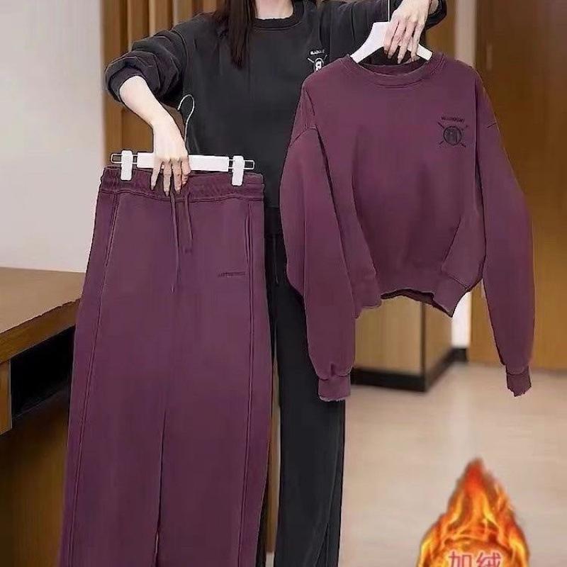 

A Complete Set of European-style Purple Autumn and Winter Fashion and Youthful Casual Sportswear Women s Hoodie and High-waisted Wide-leg Sweatpants 4XL