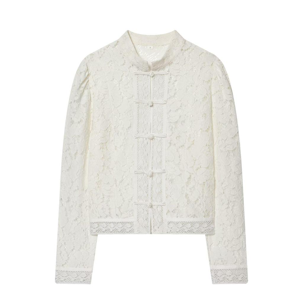 2025 European Style Women's Lace Crochet Stand Collar Shirt with Disc Buckle Waist