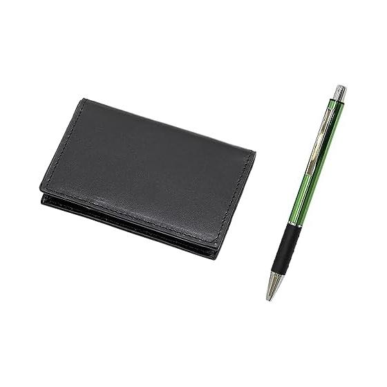 Takizawa Recycled Leather 4-Pocket Business Card Holder with Metal & Pitch Grip Ballpoint Pen Set - Green