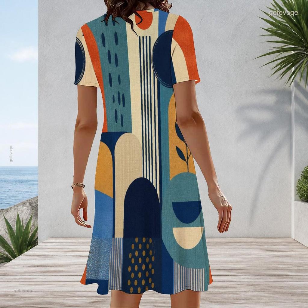 Women Plus Size Round Neck Short Sleeve Geometric Printed A Line Midi Dress
