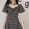 Kleider Frauen Kurzarm Schwarz Plaid Knielangen Hohe Taille A-linie Quadrat Kragen Mädchen Süße Harajuku Streetwear Sommer