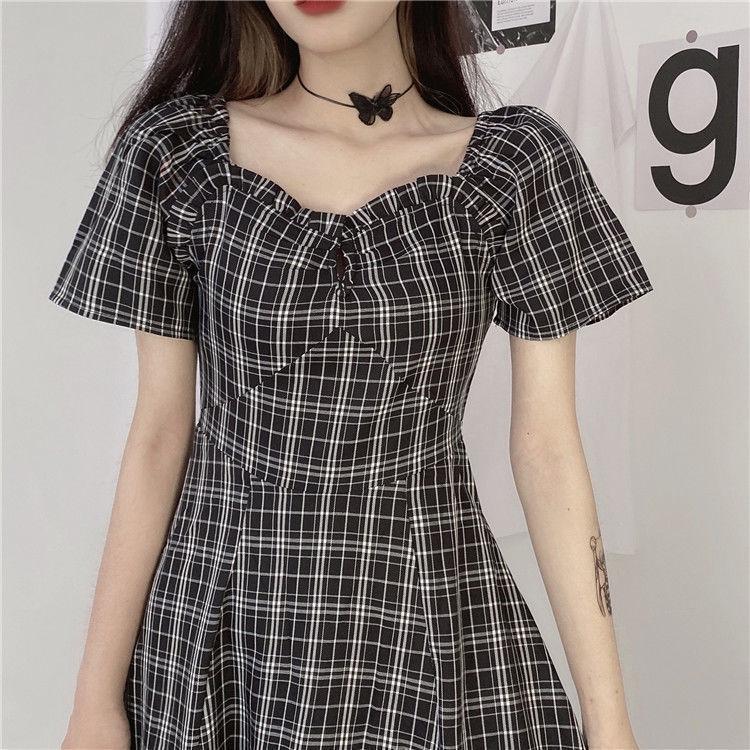 Kleider Frauen Kurzarm Schwarz Plaid Knielangen Hohe Taille A-linie Quadrat Kragen Mädchen Süße Harajuku Streetwear Sommer
