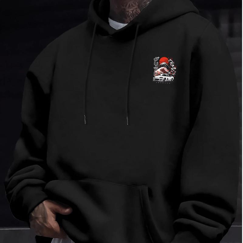 A Men'S Casual Stylish Japanese-Inspired Hoodie Featuring Mountain And Freedom Elements, Long-Sleeved Pullover, Regular Fit.