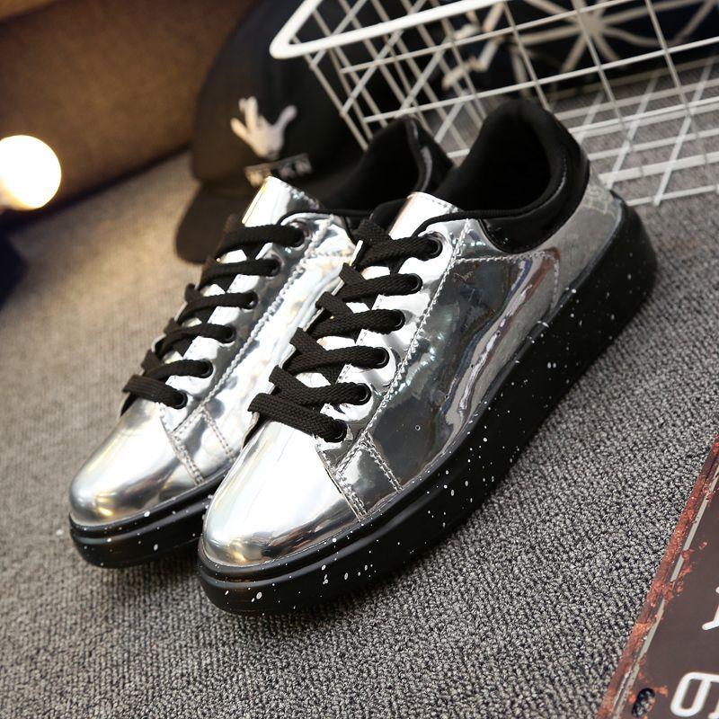 Trendy Patent Leather Glossy Men's Shoes Cold Adhesive Year Round Mirror Punk Style White Sneakers Casual Shoes