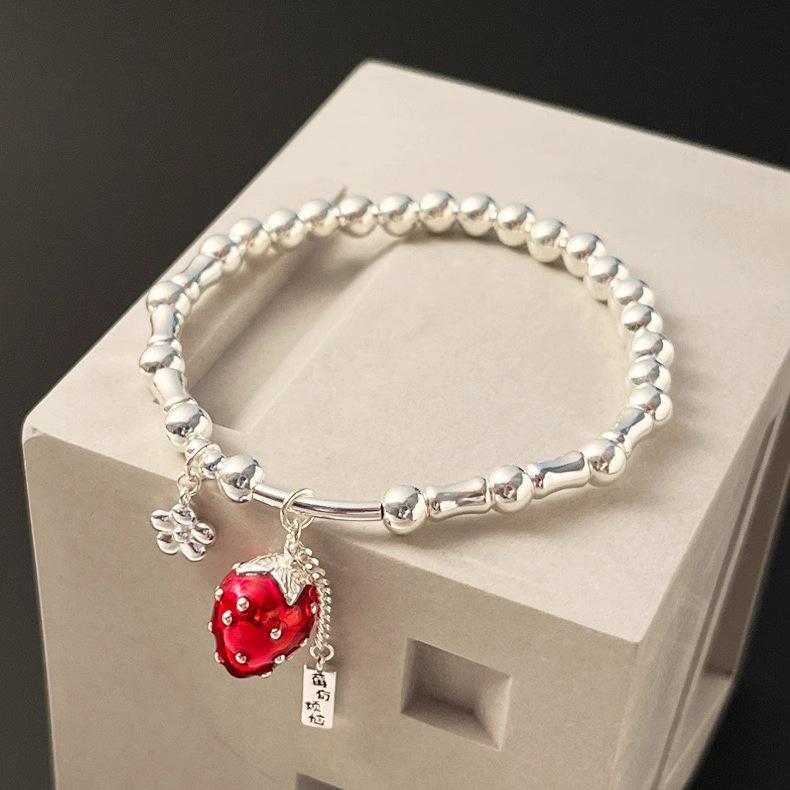 Plum Blossom Strawberry Pendant Bracelet - Women s Sweet Cool Style, Layered Niche Design