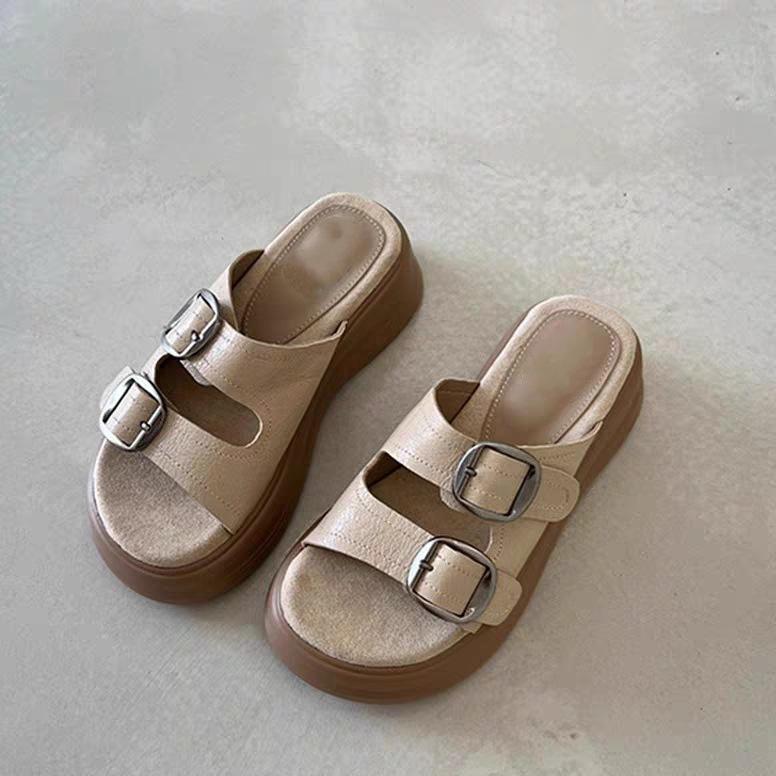 

Retro soft leather open-toed slippers women s muffin thick-bottomed versatile French belt buckle cool slippers Xiaohongshu popular 40 абрикосовый