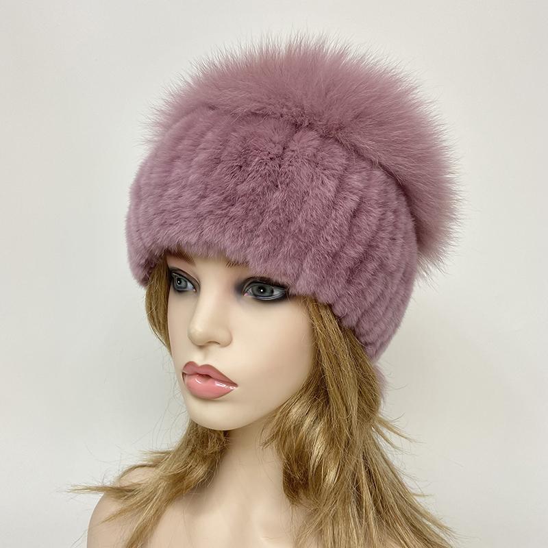 New Women Winter Luxury Real Rex Rabbit Fur Hat Knitted Rex Rabbit Fur Hat Top Natural Fox Fur Cap Genuine Fox Fur Beanies Hat