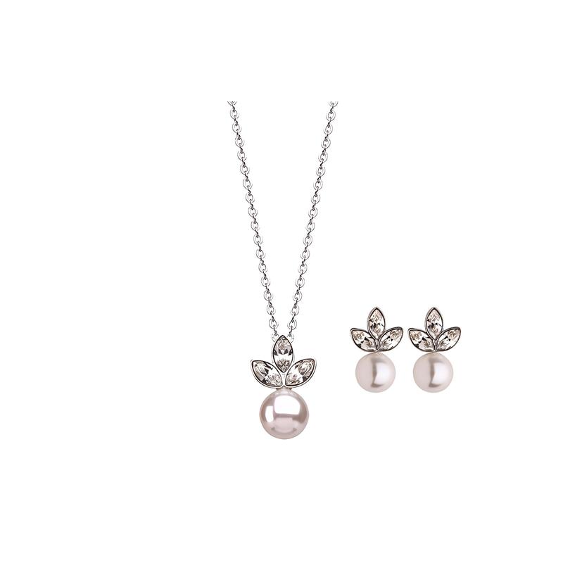 Swarovski Pearl Flower Artificial Crystal Necklace and Earrings Set Women s Silver 5112152 серебряный