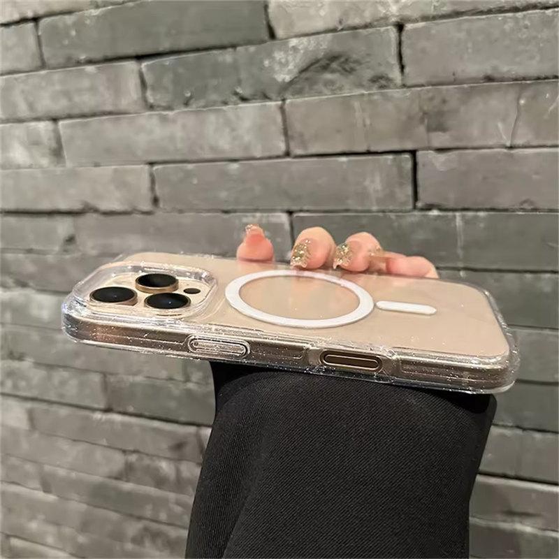 For Magsafe Bling Glitter Transparent Shockproof Case For iPhone 16 12 13 14 15 Pro Max Plus Armor Hard Lens Protection Cover