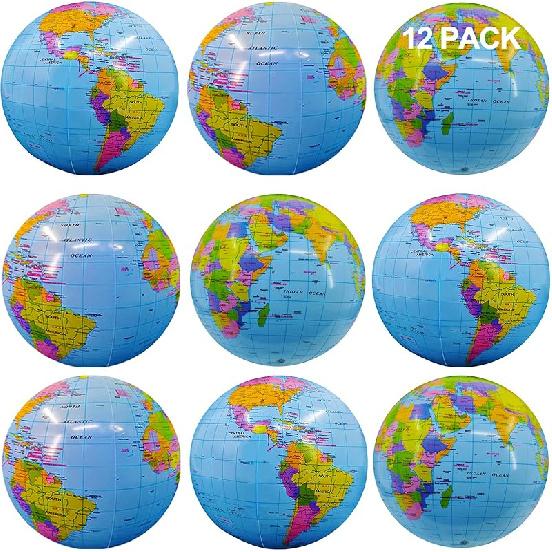 

Набор из 12 надувных больших 16-дюймовых пляжных мячей в виде глобуса - Летние игрушки для вечеринки у бассейна для пляжа, детские украшения для луау 12 Pack