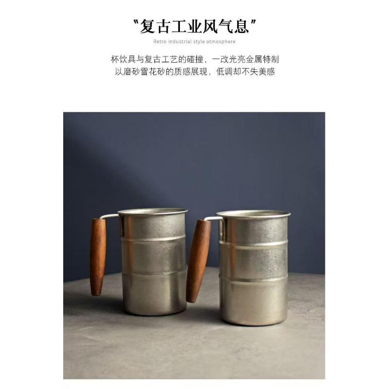 380ml/500ML stainless steel retro beer cup, wooden handle anti fall camping cup, outdoor style travel coffee cup, household cup