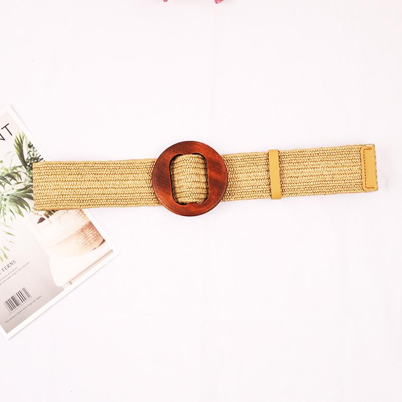 

Weave Waist And Rope Wooden Round Buckle Women Belt Clothing Gift Accessories Khaki