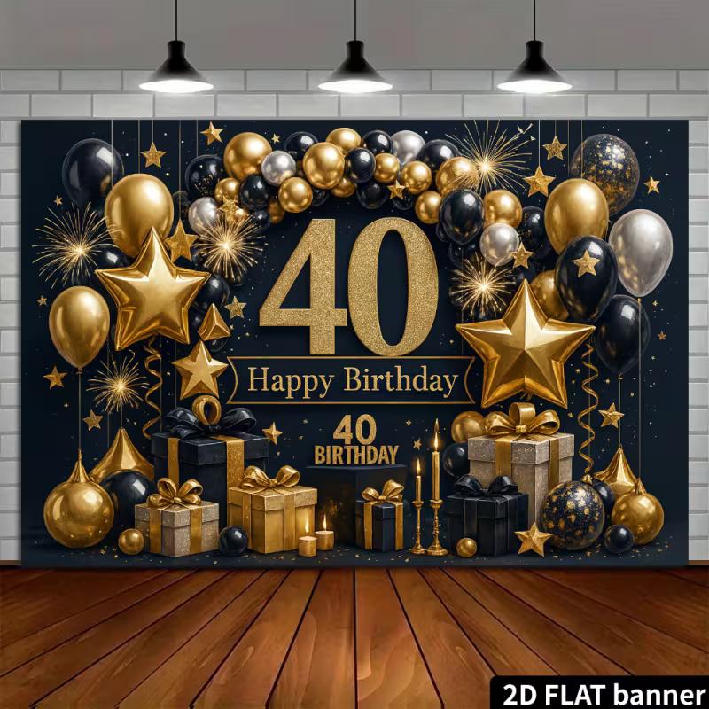 Sfondo 2D per Festa di 40° Compleanno - Scatola Regalo e Striscione con Palloncini Nero Oro di Lusso per Servizio Fotografico di 40° Compleanno per Adulti