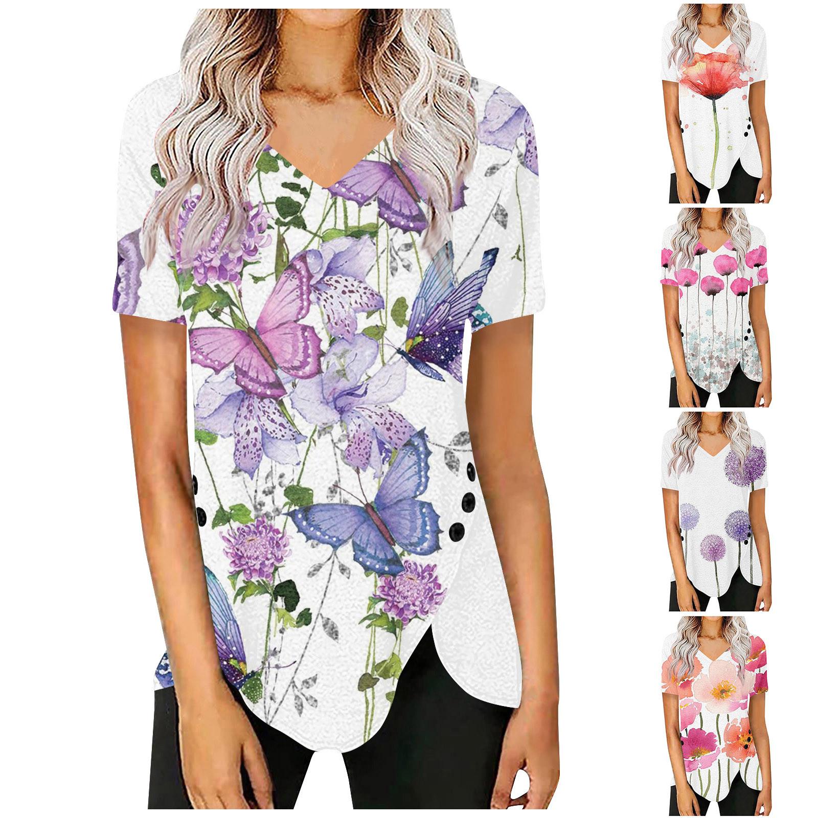 

Wiwilys Женская туника с коротким рукавом Свободные топы Повседневные топы больших размеров Плиссированная туника на пуговицах Повседневные летние футболки Женские топы Нарядные рубашки