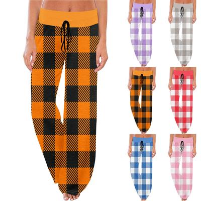 Women's Comfy Pajama Pants Pocket Plaid Print Drawstring Wide Leg Pants