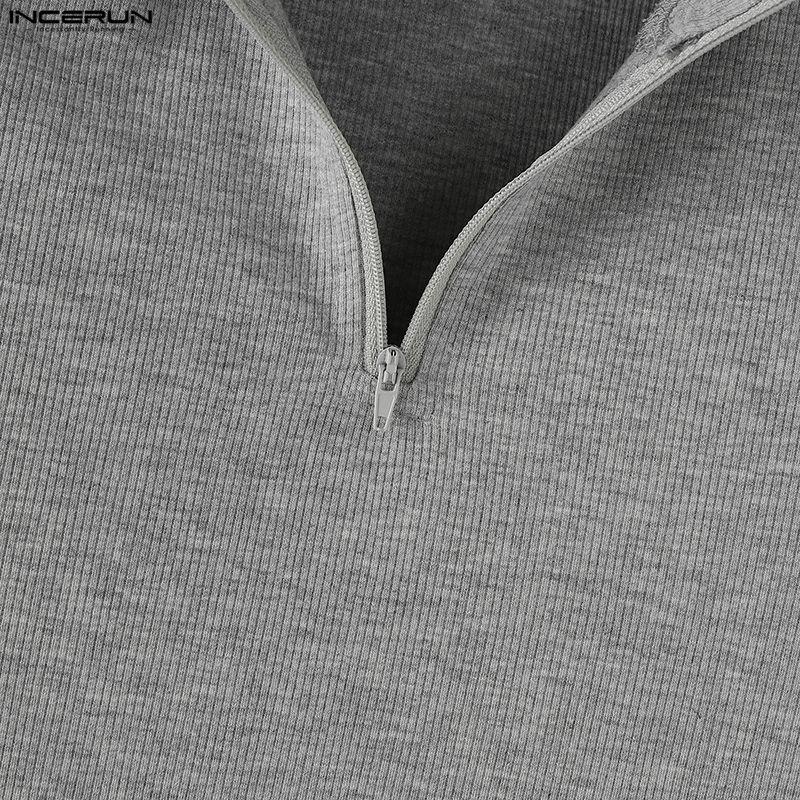 INCERUN Men Zip-up Turtleneck Short Sleeve Rib Fitted T-Shirts Tops