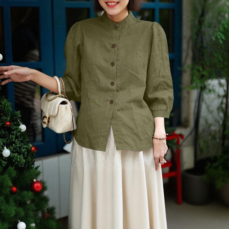ZANZEA Blouse décontractée pour femme à col montant, ample, manches 3/4, en coton