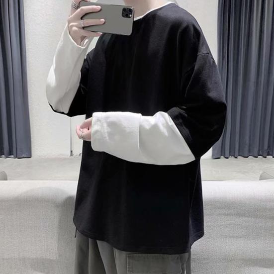 Men T-shirt Fake Two Pieces Long Sleeves O Neck Contrast Color Sweatshirt Warm Casual Plus Size Soft Hip Hop Men Top for School
