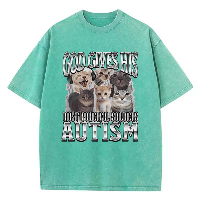 Novelty Meme God Gives His Most Powerful Autism Cat T Shirt Washed 100% Cotton T-Shirt Graphic Casual Streetwear Spring