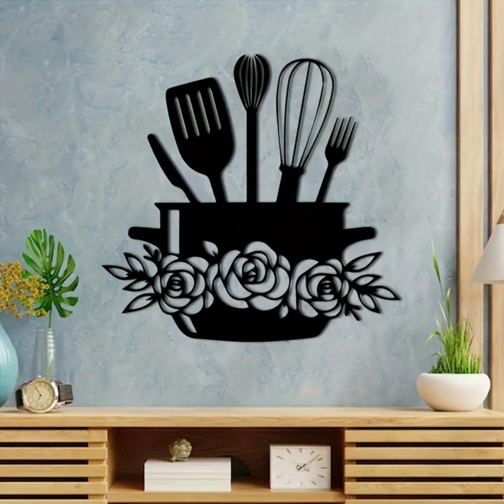 Metal Wall Art Kitchen Decor Black Iron Floral Utensils Durable Easy Install