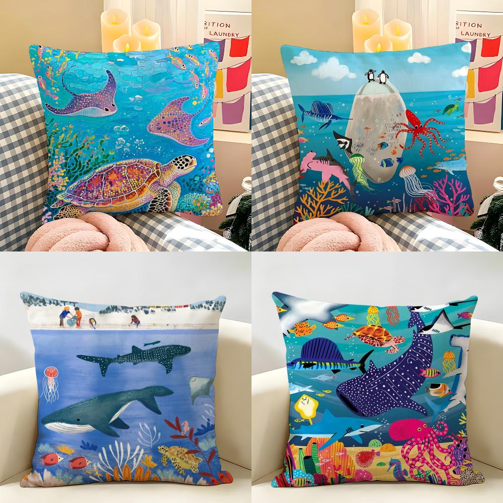 Marine Animals Summer Ins Cushion Cover Natural Linen Organic Fabric DoubleSided Printing Room Sofa Decor Pillow Case