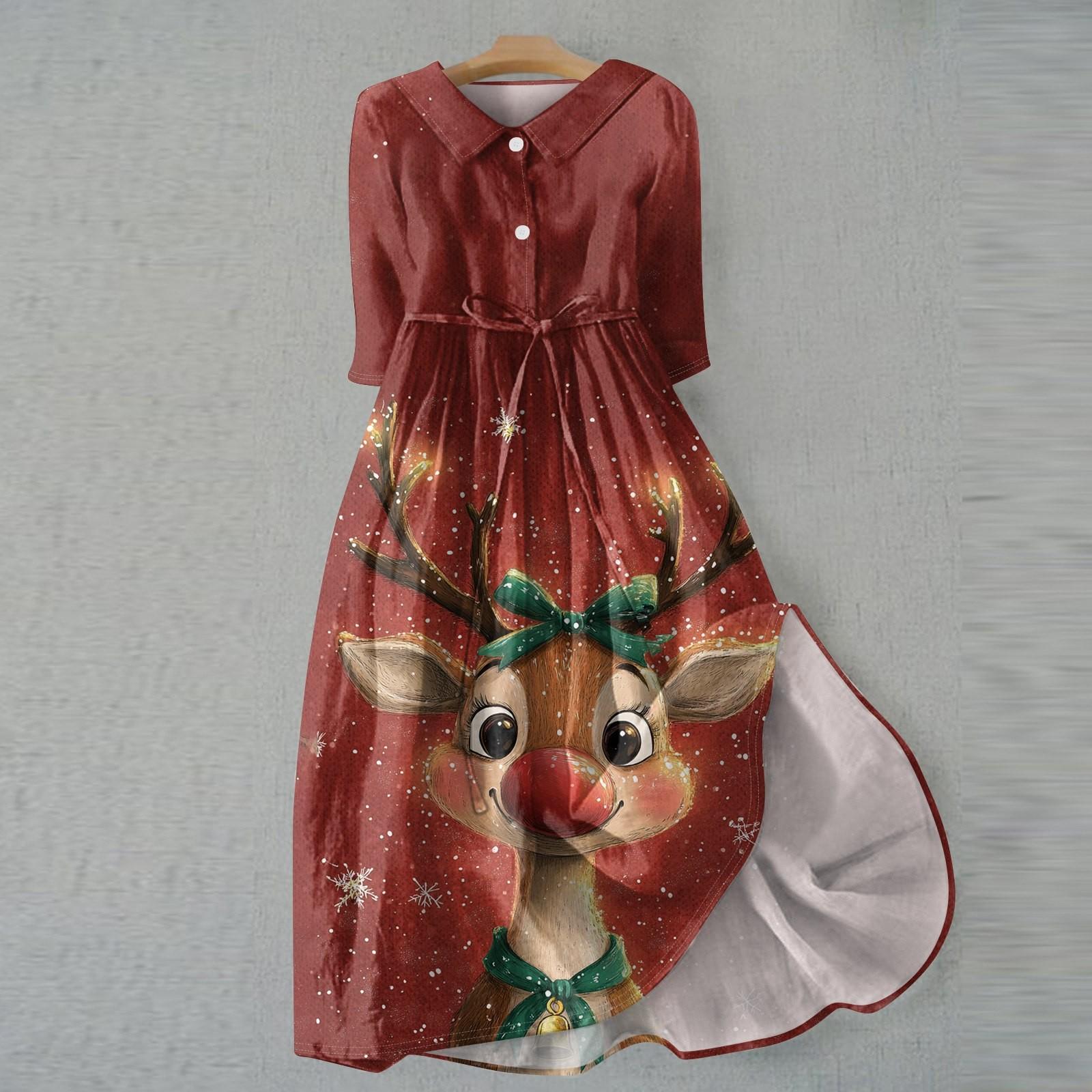 

Женское модное рождественское принтовое платье с отворотом, застегивающимся на пуговицы, рукавами-семью точками и завязками XXL