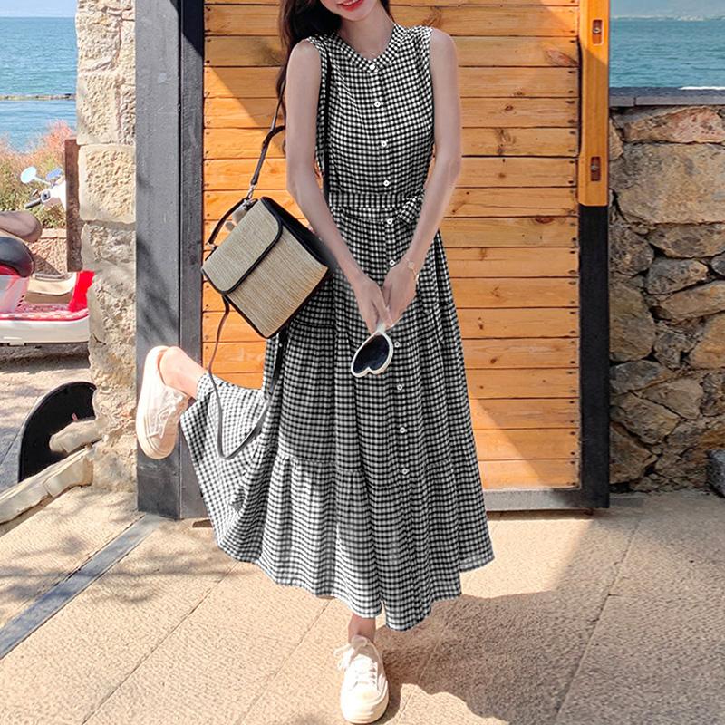 ZANZEA Women Casual Round Neck Loose Summer Grid Print Sleeveless Dress