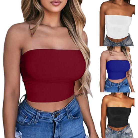 Women Sexy Solid Color Strapless Cropped Mini Bustier Slim Elastic Tube Top