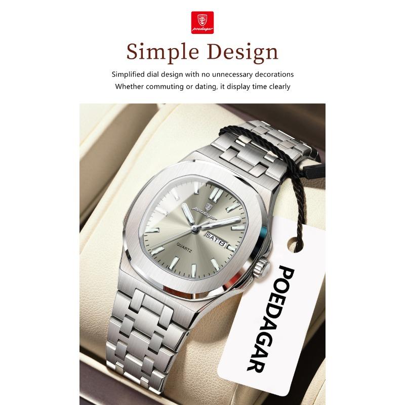 POEDAGAR Square Woman Watch Date Week Waterproof Luminous Ladies Watch Stainless Steel Quartz Fashion Watches Gift