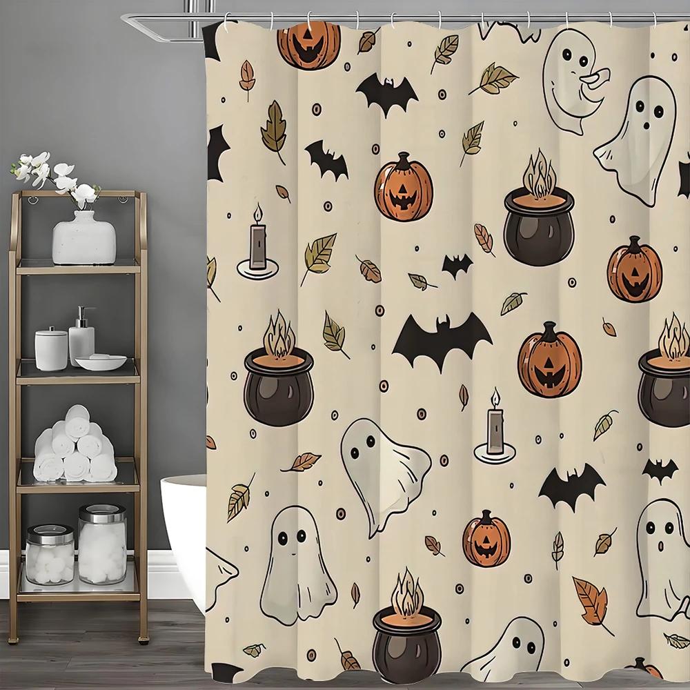 Halloween Cute Skeleton Ghost Bathroom Shower Curtain Scary Pumpkin Bat Bathtub Alchemy Witchcraft Decoration Waterproof Polyest