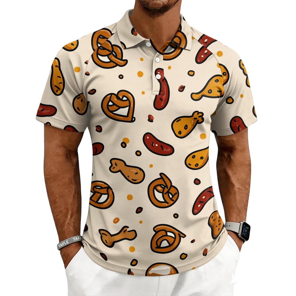 Men's Casual Printed Polo Shirt Short Sleeve Turn Down Collar Button Up Top with Graphic Pattern for Everyday Wear