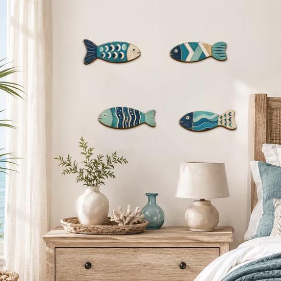 Seaside Housewarming Gift Ideas 4Pcs Wooden Fish Wall Decor, 2D Flat Mediterranean Style Hanging Ornaments for Coastal Nautical Sculpture Bedroom Home