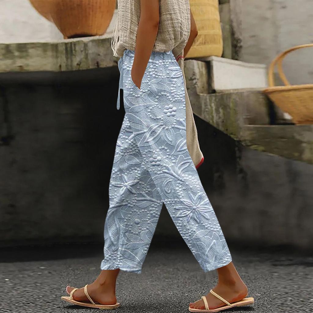 Women's Fashionable Floral Print Drawstring Pocket Elastic Waist Casual Pants