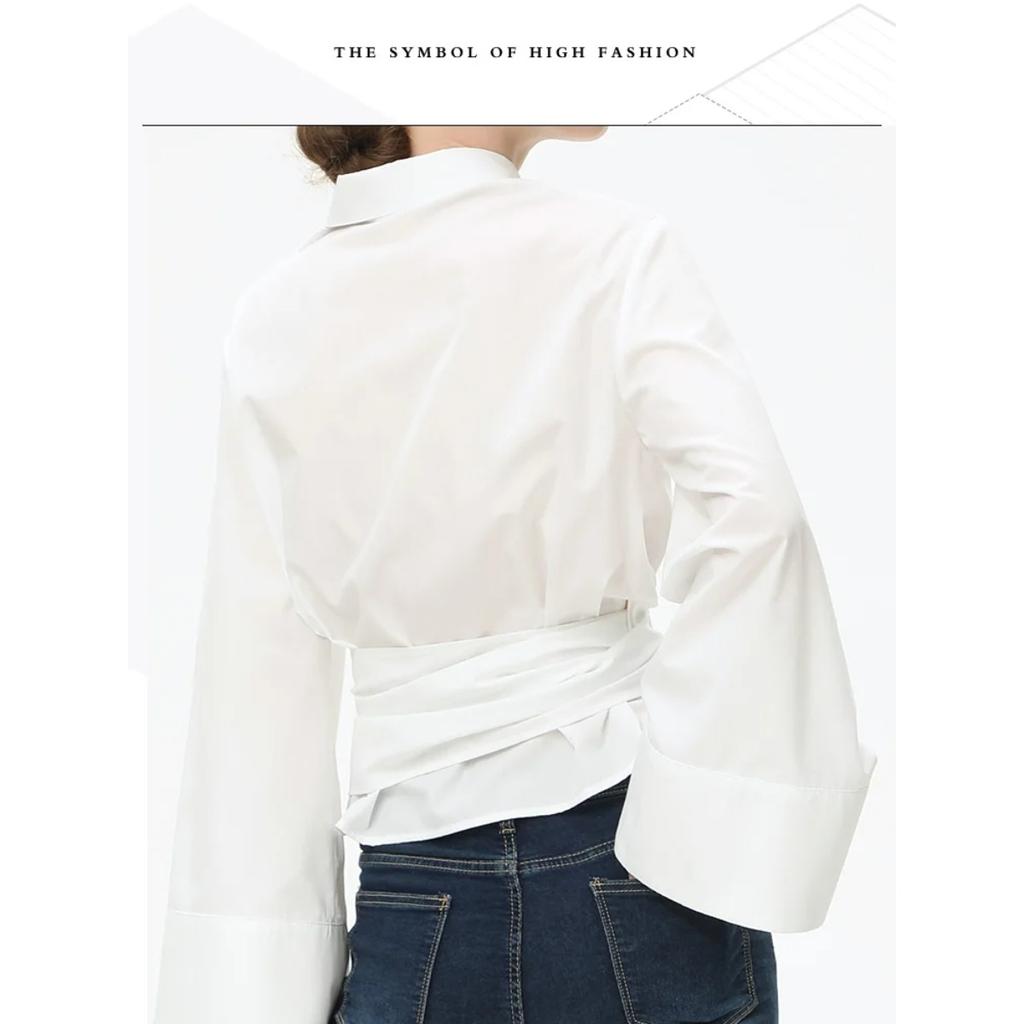 New Women's Fashion Casual Polo Neck Bow Tie Up Short Edition Double Breasted Poplin Shirt