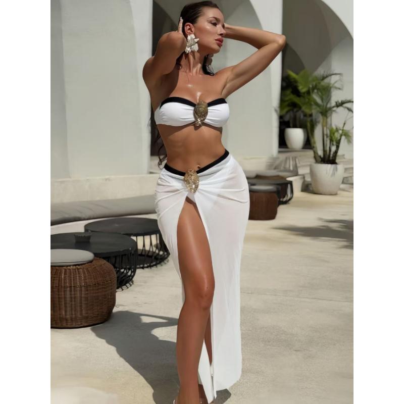 3 Piece Bandeau Bikini Set Sheer Long Skirt Cover Up Gold Decor Sexy Push Up Swimsuit Beach Vacation Bathing Suit for Women