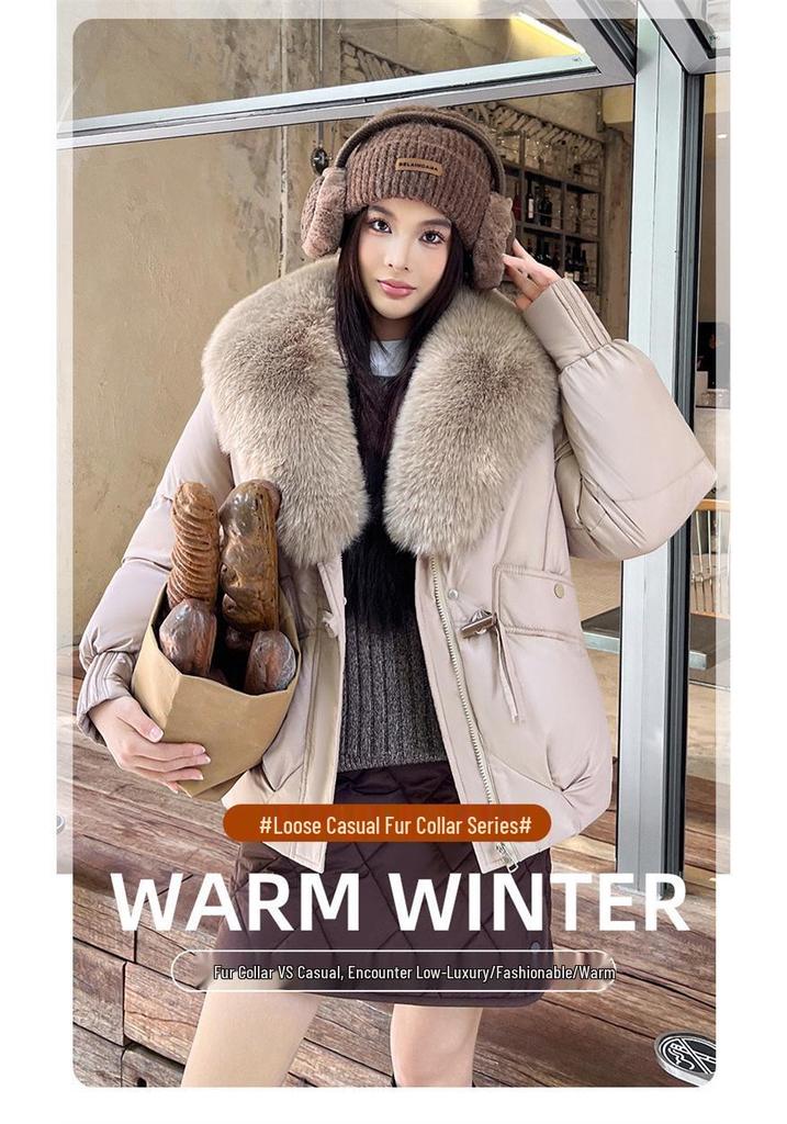 Women's Winter Down Cotton Jacket with Large Fur Collar - European & American Style, Short & Loose Padded Coat