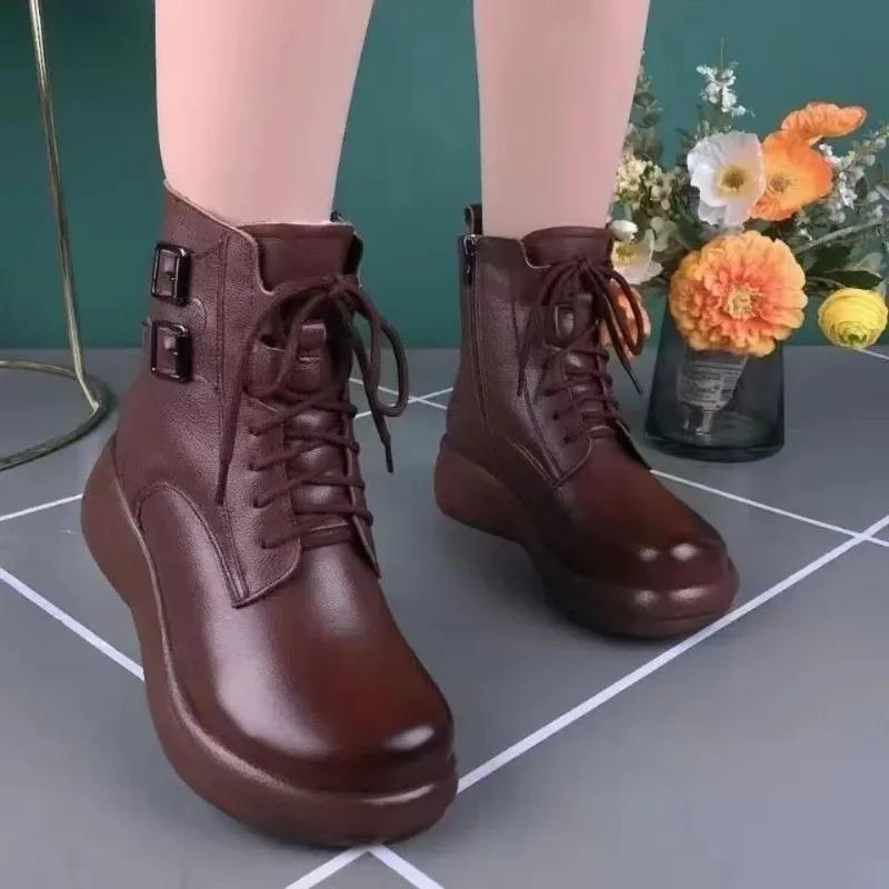 Buty Śniegowe Platformy dla Kobiet Skórzane Wysokie Obcasy Ciepłe Pluszowe Sznurowane Zapinane na Zamek Buty Chunky Damskie Duży Rozmiar Botki