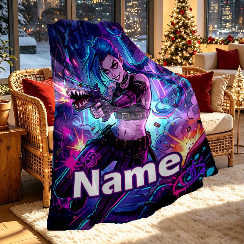 Custom Name Personalized Jinx League of Legends Print Blanket, Home Decor, Bedroom, Sofa, Camping, Couch, Gifts for Birthday Christmas