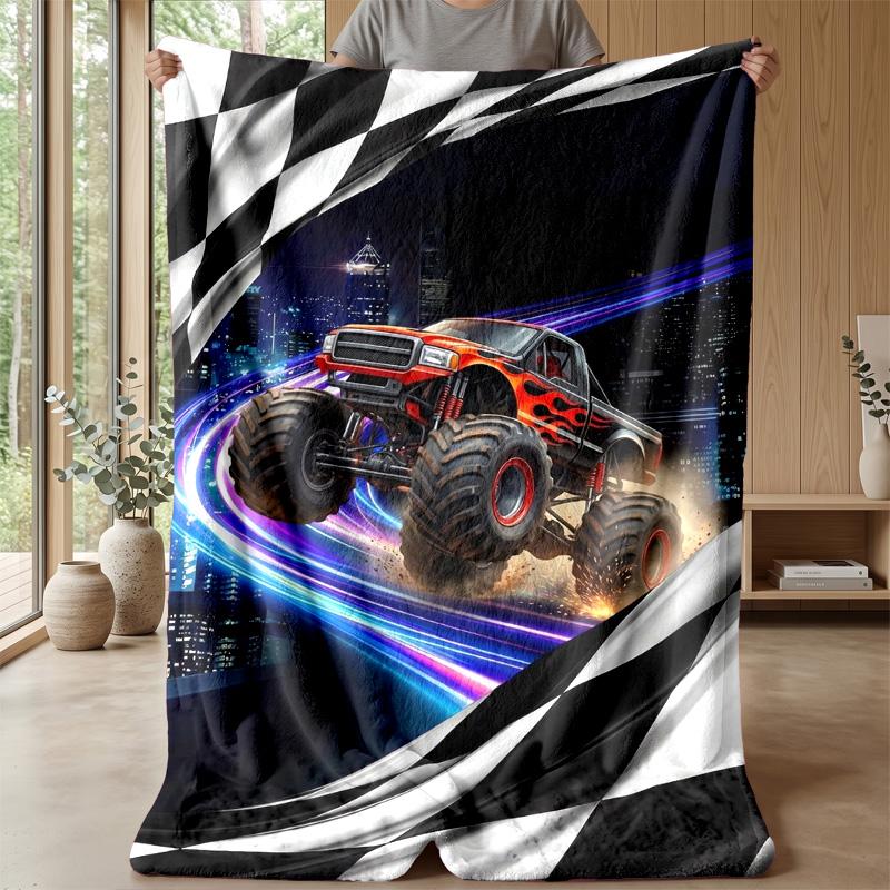 Neon Monster Trucks Theme Blanket Lightweight Warm Flannel Blanket Decorative Throw Blanket for Home Decoration