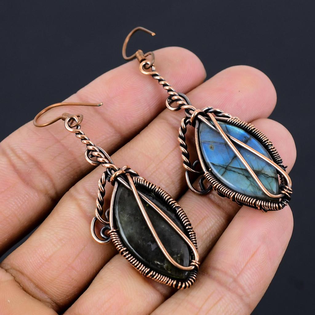 Labradorite 999 Copper Wire Wrapped Earrings, Handmade Gemstone Earrings Jewelry, Gifts For Wife Brand New Earrings