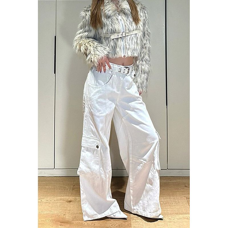 

Fashion Style Stylish Small Large Pocket White Unifrom Denim Pants Men and Women Loose Wide-Legged Versatile Casual Pants White Cargo Pants S