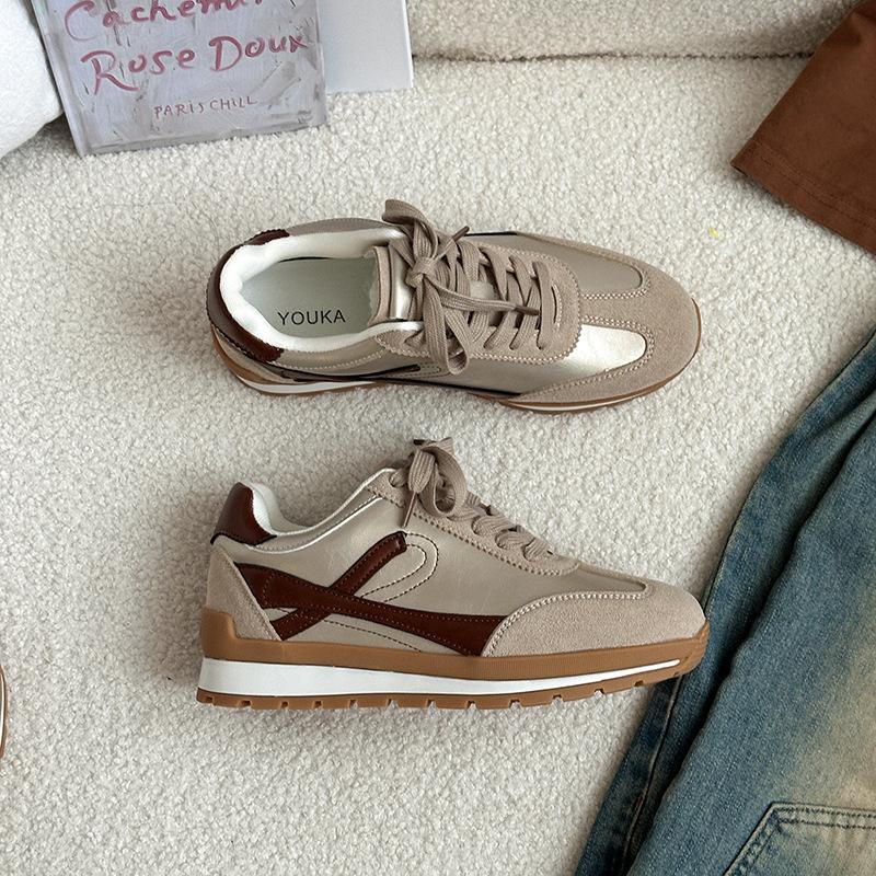 Simple Color Matching Splicing German Training Shoes Women's 2025 Autumn Fashion Korean Version Retro Style Inner Height-increasing Sports Shoes For