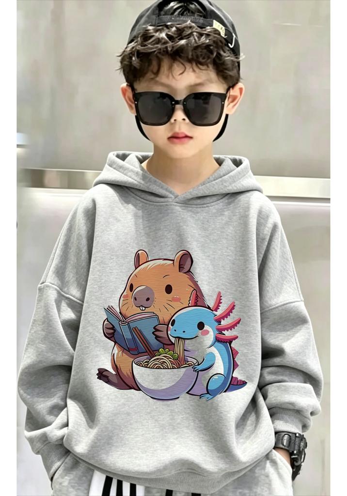 Y2K themed children's sport hooded shirt - Latest design - Little Buffalo Eating Noodles double-sided printed top