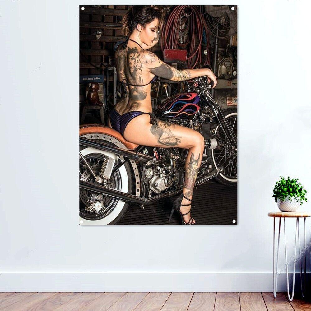 Tapestry Sexy tattooed girl with motorcycle 75x100 чёрный