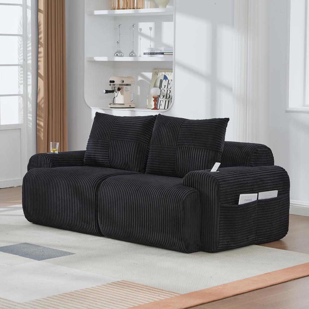 Modular Corduroy Sofa for 2 People, Vacuum-Packed, Includes Cup Holder and Side Storage Pocket. Ideal for Living Room and Family Room. Black