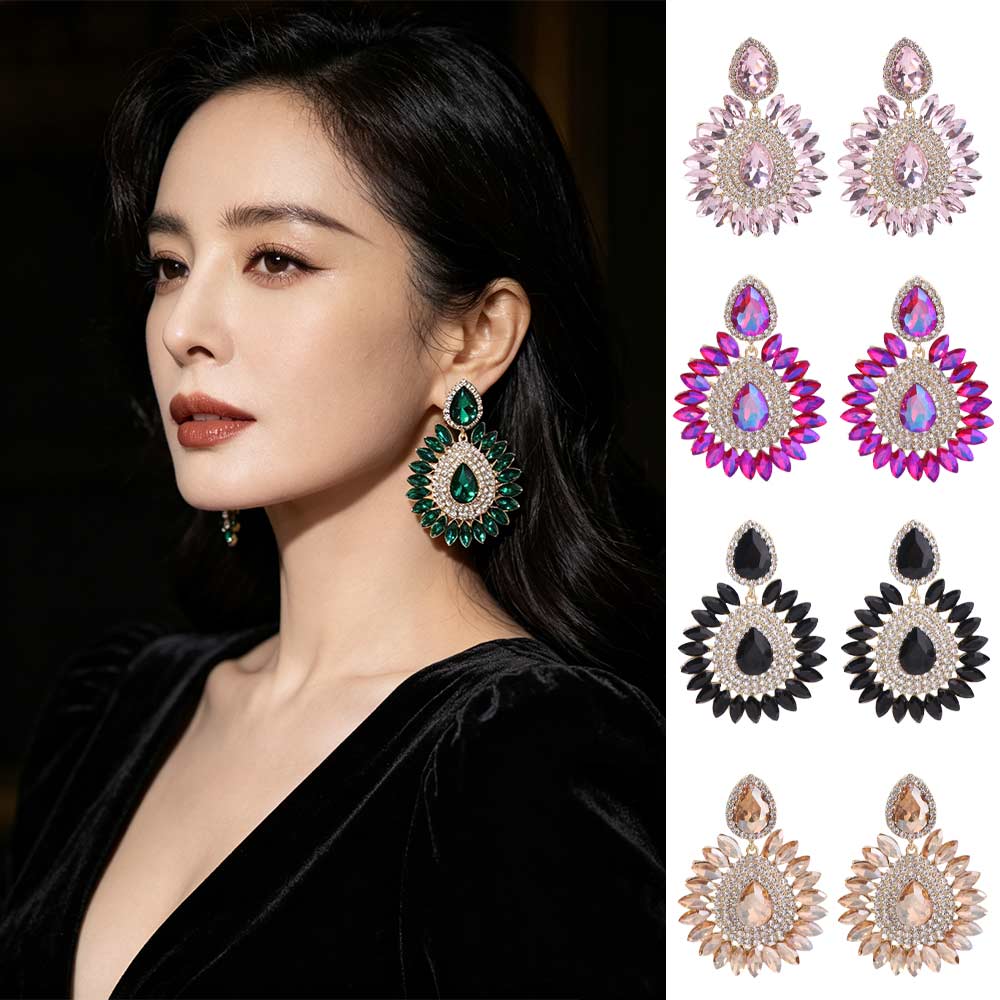 Exquisite Luxury Droplet Earrings Elegant Crystal Rhinestone Ear Drop Shiny Vintage Sunflower Earrings for Women