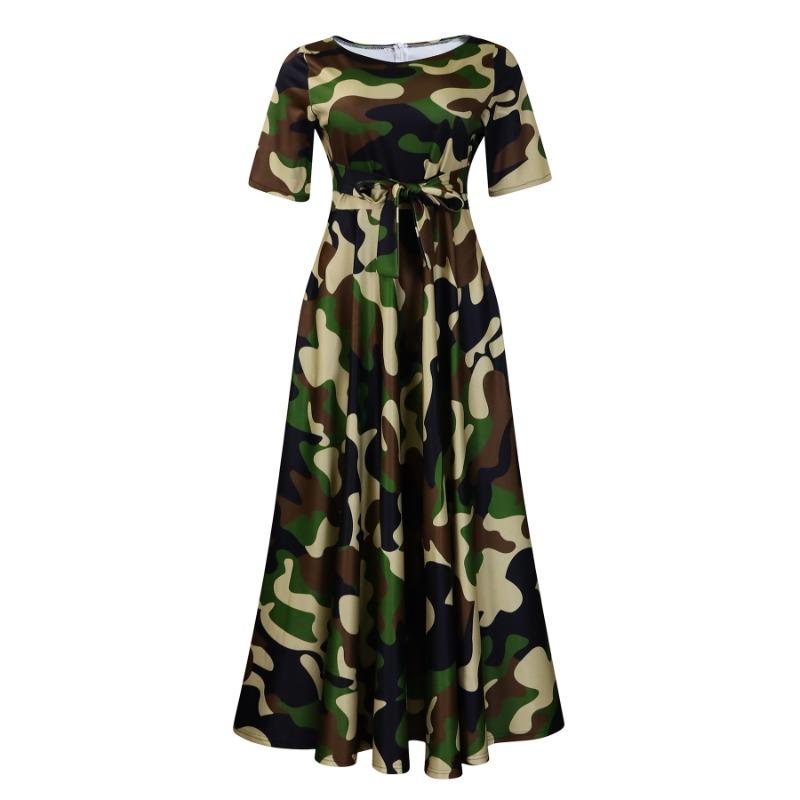 Women Fashion Plus Size Short Sleeve Lace Up Mid Length A Line Dress